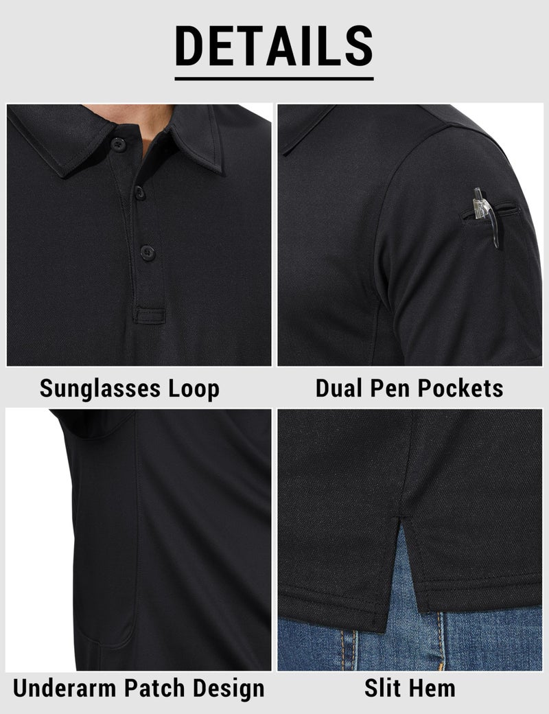 CRYSULLY Mens Polo Shirts Short Sleeve Quick Dry Performance Tactical Collared Shirts Pique Jersey Golf Shirt Black L - Image 5